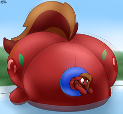 Size: 2800x2600 | Tagged: safe, artist:the-furry-railfan, oc, oc only, oc:cherry spirit, earth pony, inflatable pony, air inflation, belly, big belly, floating, grass, hedge, huge belly, huge butt, impossibly large belly, impossibly large butt, inflatable, inflatable toy, inflated tail, inflation, inner tube, large butt, pool toy, poolside, surprised, swimming pool, tail, transformation, underhoof