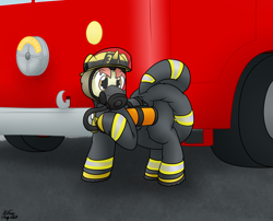 Size: 2268x1833 | Tagged: safe, artist:the-furry-railfan, oc, oc only, oc:flash point, unicorn, air tank, diaper, diaper under clothes, fire engine, firefighter, firefighter helmet, gas mask, helmet, horn, impossibly large diaper, mask, non-baby in diaper, poofy diaper, solo