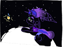 Size: 897x668 | Tagged: safe, artist:dinexistente, nightmare moon, alicorn, pony, g4, earth, ethereal mane, female, folded wings, food, helmet, ice cream, mare, missing accessory, moon, rear view, sitting, solo, space, starry mane, starry tail, stars, sun, tail, wings