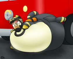 Size: 2268x1833 | Tagged: safe, artist:the-furry-railfan, oc, oc only, oc:flash point, unicorn, air tank, belly, belly bed, diaper, diaper inflation, diaper under clothes, female, fire engine, firefighter, firefighter helmet, gas mask, helmet, horn, impossibly large belly, impossibly large diaper, inflation, mare, mask, non-baby in diaper, p 235, panic, puffy cheeks, solo, surprised