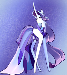 Size: 576x642 | Tagged: safe, artist:wofnid, rarity, pony, unicorn, g4, clothes, dress, eyes closed, female, gradient background, horn, long legs, long mane, mare, purple background, slender, solo, stylized, tall, thin, turned head