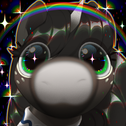 Size: 3000x3000 | Tagged: safe, alternate character, alternate version, artist:rrd-artist, oc, oc only, oc:obsidian limelight, crystal pony, unicorn, abstract background, bangs, blush lines, blushing, boop, commission, eye clipping through hair, foreshortening, freckles, high res, horn, looking at you, o.o, rainbow, shiny mane, snoot, sparkles, sparkly eyes, stare, unicorn oc, wide eyes, wingding eyes, ych result