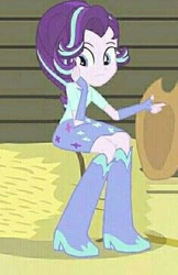 Size: 235x362 | Tagged: safe, edit, edited screencap, screencap, starlight glimmer, human, equestria girls, g4, boots, clothes, cowboy boots, cowboy hat, cowgirl, cowgirl outfit, cropped, equestria girls redesign, hat, hay bale, high heel boots, shirt, shoes, skirt, solo, stetson