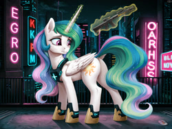 Size: 2048x1536 | Tagged: safe, ai assisted, ai content, artist:dovakkins, princess celestia, alicorn, pony, g4, butt, cute, cyberpunk, ear fluff, featureless crotch, female, folded wings, gun, implants, looking back, magic, magic aura, mare, missing accessory, neon, plot, scared, scaredlestia, skyscraper, soda can, sunbutt, tail, watermark, wavy mane, wavy tail, weapon, wings