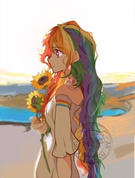 Size: 1125x1492 | Tagged: safe, artist:ss543406, rainbow dash, human, g4, clothes, flower, humanized, light skin, solo, sunflower