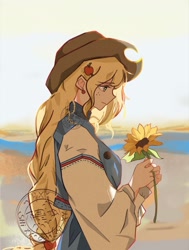 Size: 1125x1486 | Tagged: safe, artist:ss543406, applejack, human, g4, female, flower, humanized, light skin, solo, sunflower