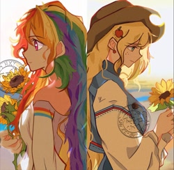 Size: 1125x1098 | Tagged: safe, artist:ss543406, applejack, rainbow dash, human, g4, duo, duo female, female, flower, humanized, lesbian, light skin, ship:appledash, shipping, sunflower