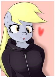 Size: 2362x3307 | Tagged: safe, artist:orivika_, derpy hooves, pegasus, anthro, g4, :p, female, heart, high res, looking at you, mare, passepartout, signature, solo, tongue out, yellow eyes, yellow mane