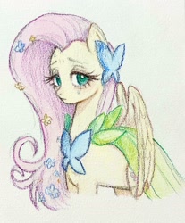 Size: 1599x1927 | Tagged: safe, artist:8322485074, fluttershy, pegasus, pony, g4, clothes, dress, female, flower, flower in hair, gala dress, mare, solo, traditional art