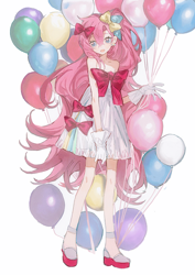 Size: 2480x3508 | Tagged: safe, artist:mo10428200, pinkie pie, human, g4, balloon, clothes, cute, dress, humanized, light skin, moe, shoes, simple background, solo, that human sure does love balloons, white background