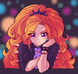 Size: 1541x1476 | Tagged: safe, artist:rileyav, adagio dazzle, human, equestria girls, g4, abstract background, adoragio, bokeh, bracelet, clothes, cute, eye clipping through hair, eyebrows, eyebrows visible through hair, female, frown, hand on chin, humanized, jacket, jewelry, leather, leather jacket, looking at you, shirt, solo, spiked wristband, wristband