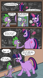 Size: 6600x12000 | Tagged: safe, artist:pony quarantine, spike, twilight sparkle, dragon, pony, unicorn, fanfic:short stories with pregnant ponies, g4, belly, big belly, chalk, chalkboard, comic, commission, dialogue, female, glowing, glowing horn, horn, male, mare, preglight sparkle, pregnant, unicorn twilight