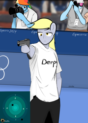 Size: 2362x3307 | Tagged: safe, alternate version, artist:orivika_, derpy hooves, photo finish, rainbow dash, earth pony, anthro, g4, arm hooves, dexterous hooves, food, gun, hand in pocket, handgun, hoof hold, muffin, olympic games, paris 2024, pistol, ponified, shooting, solo focus, yusuf dikeç