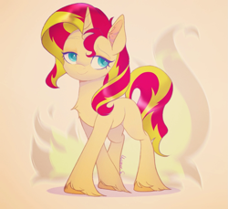 Size: 1637x1497 | Tagged: safe, artist:meteor s, sunset shimmer, pony, unicorn, g4, cute, female, fiery shimmer, fire, horn, mare, solo, standing, unshorn fetlocks