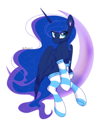 Size: 2039x2560 | Tagged: safe, artist:meteor s, princess luna, alicorn, pony, g4, chest fluff, clothes, concave belly, cute, looking at you, lunabetes, moon, simple background, socks, solo, striped socks, tangible heavenly object, thin, white background