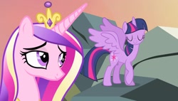 Size: 1920x1088 | Tagged: safe, screencap, princess cadance, twilight sparkle, alicorn, pony, g4, season 4, three's a crowd, crown, duo, duo female, eyes closed, female, jewelry, peytral, raised hoof, regalia, sisters-in-law, smiling, spread wings, twilight sparkle (alicorn), wings