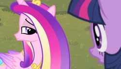 Size: 1920x1088 | Tagged: safe, screencap, princess cadance, twilight sparkle, alicorn, g4, season 4, three's a crowd, colored wings, crown, duo, duo female, eye contact, female, folded wings, frown, gradient wings, jewelry, lidded eyes, looking at each other, looking at someone, mare, open mouth, peytral, regalia, side view, sisters-in-law, smiling, twilight sparkle (alicorn), wings