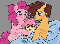 Size: 667x500 | Tagged: safe, artist:dulcesilly, cheese sandwich, li'l cheese, pinkie pie, earth pony, pony, g4, baby, baby pony, bed, blushing, family, female, foal, gray background, implied male pregnancy, in bed, male, messy mane, open mouth, open smile, ship:cheesepie, shipping, simple background, smiling, straight, swaddled baby, teary eyes, trio