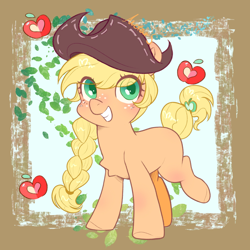 Size: 1800x1800 | Tagged: safe, artist:meteor s, applejack, earth pony, pony, g4, alternate hairstyle, alternate tailstyle, apple, braid, cute, food, freckles, jackabetes, leaf, short tail, solo, tail