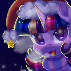 Size: 1080x1080 | Tagged: safe, artist:meteor s, twilight sparkle, pony, g4, blush sticker, blushing, breathing, christmas, clothes, cute, hat, holiday, horn, santa hat, scarf, solo, striped scarf, twiabetes