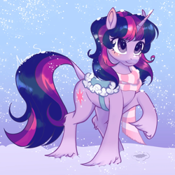 Size: 1080x1080 | Tagged: safe, artist:meteor s, twilight sparkle, pony, unicorn, g4, clothes, horn, saddle, scarf, snow, snowfall, solo, striped scarf, tack, unicorn twilight, unshorn fetlocks, winter