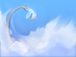 Size: 1080x810 | Tagged: safe, artist:meteor s, rainbow dash, pegasus, pony, g4, cloud, female, flying, mare, no face, rainbow trail, sky, solo, speed trail