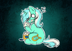 Size: 2480x1748 | Tagged: safe, artist:sweetpea-and-friends, lyra heartstrings, pony, unicorn, g4, blank eyes, caught, eating, exclamation point, female, food, horn, interrobang, l.u.l.s., looking at you, looking back, looking back at you, looking over shoulder, mare, mayonnaise, question mark, sauce