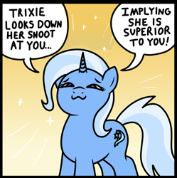 Size: 1161x1167 | Tagged: safe, anonymous editor, artist:vomitvomiting, edit, trixie, pony, unicorn, g4, :3, abstract background, colored, comic, cropped, cute, dialogue, diatrixes, drawthread, female, frame, gradient background, horn, looking at you, looking down, looking down at you, mare, ponified, ponified comic, requested art, smug, solo, third person