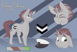 Size: 4000x2700 | Tagged: safe, artist:chapaevv, oc, oc only, oc:grey shore, pony, commission, cutie mark, hat, reference sheet, solo