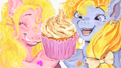 Size: 1174x664 | Tagged: safe, artist:tearyeyedanimal, autumn skye, cupcake (g3), earth pony, pony, g3, awwtumn skye, cupcake, cute, duo, female, food, heart, heart mark, mare, pumpkin spice cupcake