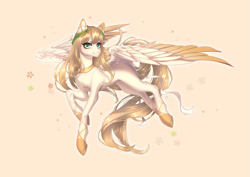 Size: 1063x752 | Tagged: safe, artist:mian1205, oc, oc only, unnamed oc, pegasus, pony, ballet boots, ballet slippers, blonde mane, blonde tail, colored wings, commission, cream coat, digital art, digital painting, eyelashes, floral head wreath, flower, green eyes, high heels, laurel crown, laurel wreath, pegasus oc, petals, shiny mane, shiny tail, shoes, simple background, tail, two toned wings, wings