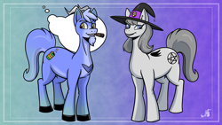 Size: 2765x1555 | Tagged: safe, artist:stogiegoatarts, oc, oc only, earth pony, goat, goat pony, cigar, duo, facial hair, female, goatee, gradient background, hat, horns, male, ponysona, witch hat