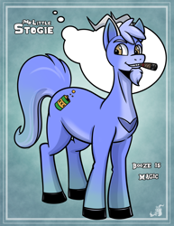 Size: 1224x1584 | Tagged: safe, artist:stogiegoatarts, oc, oc only, goat, goat pony, cigar, facial hair, goatee, gradient background, green background, male, ponysona, solo