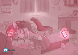 Size: 4093x2894 | Tagged: safe, artist:foxhatart, oc, oc only, oc:autumn scribble, pony, unicorn, bed, bedroom, blanket, calendar, curtains, desk, detailed background, empty glass, eyes closed, female, female oc, glasses, glowing, glowing horn, horn, indoors, lying down, magic, mare oc, monochrome, nightstand, on bed, phone, pillow, signature, smiling, solo, telekinesis, trash can, unicorn oc, window