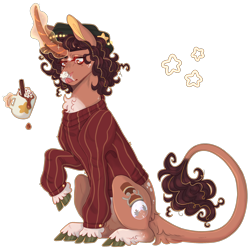 Size: 2358x2350 | Tagged: safe, artist:sleepy-nova, oc, oc only, oc:tinsel tangle, classical unicorn, pony, unicorn, art trade, beanie, brown coat, brown eyelashes, brown eyes, brown mane, brown tail, chest fluff, chocolate, clothes, cloven hooves, coat markings, colored belly, colored eyelashes, colored hooves, colored pinnae, curly mane, curly tail, curved horn, facial markings, female, female oc, food, food on face, freckles, glowing, glowing horn, green hooves, hat, high res, hooves, horn, hot chocolate, leonine tail, licking, long horn, looking at something, magic, mare, mare oc, orange magic, outline, pale belly, pubic fluff, raised hoof, shiny hooves, shiny mane, shiny tail, simple background, sitting, snip (coat marking), socks (coat markings), solo, striped horn, striped mane, striped sweater, striped tail, sweater, tail, tail fluff, tall ears, telekinesis, tongue out, transparent background, two toned mane, two toned tail, unshorn fetlocks, wall of tags, white belly, white pupils