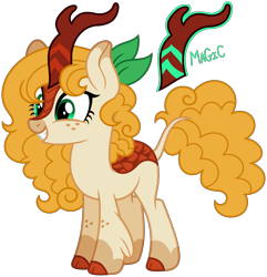 Size: 1841x1909 | Tagged: safe, artist:strawberry-spritz, oc, oc only, oc:honey meadow, kirin, g4, base used, blonde mane, blonde tail, bow, cloven hooves, coat markings, colored eartips, colored hooves, cream coat, curly mane, curly tail, facial markings, female, freckles, green bow, green eyes, hair accessory, hair bow, hooves, kirin oc, leg fluff, leg freckles, leonine tail, mane accessory, not pear butter, not species swap, oc redesign, orange hooves, ponysona, show accurate, simple background, smiling, snip (coat marking), socks (coat markings), solo, tail, transparent background