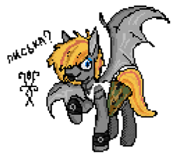 Size: 755x677 | Tagged: safe, artist:damset, oc, oc only, oc:steel_heart, bat pony, bat pony oc, black lipstick, blonde mane, blonde tail, blue eyes, blue eyeshadow, clothes, commission, cyrillic, digital art, eyeshadow, fangs, gray coat, lipstick, looking back, makeup, ms paint, pixel art, simple background, skirt, slit pupils, smiling, spread wings, standing, standing on three hooves, stockings, striped mane, striped tail, tail, tall ears, text, thigh highs, three toned mane, three toned tail, vest, white background, wings, wristband