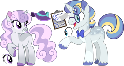 Size: 2664x1430 | Tagged: safe, artist:strawberry-spritz, oc, oc only, oc:bobbin lace, oc:mauveine glamour, pony, unicorn, g4, base used, blue eyes, blue hooves, bowtie, coat markings, colored hooves, colored pinnae, countershading, curly mane, curly tail, duo, duo male and female, ear fluff, eyeshadow, facial markings, female, glasses, gradient legs, gray coat, hooves, horn, looking at each other, looking at someone, magical gay spawn, magical lesbian spawn, makeup, male, mare, necktie, offspring, open mouth, open smile, parent:fancypants, parent:fleur-de-lis, parent:prince blueblood, parent:rarity, parents:fancyblood, parents:fleurity, profile, purple eyes, purple eyeshadow, purple hooves, raised hoof, reference sheet, round glasses, show accurate, simple background, smiling, smiling at each other, snip (coat marking), stallion, standing, standing on three hooves, striped mane, striped tail, tail, transparent background, two toned mane, two toned tail, unicorn oc, unshorn fetlocks, wall of tags