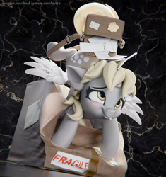 Size: 3058x3250 | Tagged: safe, artist:chyvak, derpy hooves, pegasus, pony, g4, 3d, 3d model, 3d print, bag, box, envelope, eyebrows, female, mail, mailbag, mailmare, mare, muffin, signature, solo, spread wings, tongue out, wings