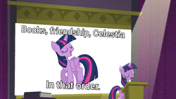 Size: 1280x720 | Tagged: safe, artist:estories, artist:trrrebleee, edit, edited screencap, screencap, twilight sparkle, alicorn, g4, board, implied princess celestia, lectern, meme, ponified meme, priorities, sign, text, twilight sparkle (alicorn)