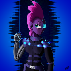 Size: 1500x1500 | Tagged: safe, artist:jphyperx, tempest shadow, human, equestria girls, g4, amputee, armor, cyberpunk, electricity, prosthetic limb, prosthetics, retrowave, synthwave, visor, weapon