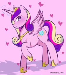 Size: 1805x2048 | Tagged: safe, artist:eltrash_art6, princess cadance, alicorn, pony, g4, concave belly, crown, cute, cutedance, female, glowing, glowing horn, heart, hoof shoes, horn, jewelry, mare, purple background, regalia, simple background, solo