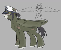 Size: 1701x1417 | Tagged: safe, artist:pain-jam-cookie, oc, oc only, pegasus, pony, distant oceanic getaway, gray background, hat, pegasus oc, ponified, scar, simple background, solo, torn ear