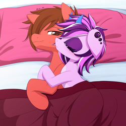 Size: 1600x1600 | Tagged: safe, artist:an-m, oc, oc only, oc:katon ora, oc:purple mayflower, earth pony, pony, bed, couple, cute, daaaaaaaaaaaw, duo, duo male and female, ear piercing, earring, earth pony oc, eyes closed, female, floppy ears, horn, hug, hug from behind, jewelry, looking back, love, lying down, male, mare, oc x oc, on side, passionate, piercing, pillow, sheet, shipping, smiling, snuggling, stallion, wrapping