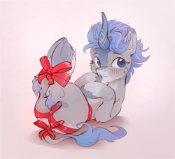 Size: 2166x1972 | Tagged: safe, artist:itssim, oc, oc only, oc:aleutian avalanche, kirin, blue eyes, blue mane, blushing, bow, butt, cloven hooves, coat markings, curved horn, female, gray coat, horn, kirin oc, long tail, looking away, lying down, mare, on back, plot, ribbon, socks (coat markings), solo, tail, underhoof, unshorn fetlocks