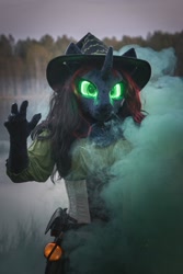 Size: 1280x1920 | Tagged: safe, artist:essorille, oc, oc only, oc:nox, clothes, con mascot, female, fursuit, glowing, glowing eyes, hat, irl, mare, outdoors, photo, ponysuit, solo