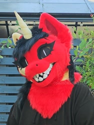 Size: 1536x2048 | Tagged: safe, artist:chaoticreation, oc, oc only, oc:glitch, unicorn, bust, fursuit, fursuit head, gritted teeth, horn, irl, outdoors, photo, ponysuit, portrait, solo, teeth