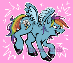 Size: 370x320 | Tagged: safe, artist:slimeysquirrels, rainbow dash, pegasus, pony, g4, alternate eye color, black hooves, colored hooves, colored wings, furrowed brow, hooves, multicolored hair, narrowed eyes, no catchlights, no pupils, open mouth, open smile, outline, pink background, profiile, purple eyes, rainbow hair, raised hoof, raised leg, side view, simple background, smiling, sparkles, spread wings, standing on two hooves, two toned wings, watermark, wings