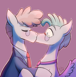 Size: 2034x2060 | Tagged: safe, artist:bkiltersot, feather flatterfly, svengallop, earth pony, pegasus, g4, clothes, duo, duo male, eyes closed, gay, glasses, kiss on the lips, kissing, male, necktie, passepartout, pink background, pulling, ship:feathergallop, shipping, side view, signature, simple background, spread wings, stallion, suit, surprised, wings