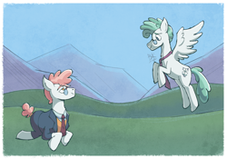 Size: 2992x2096 | Tagged: safe, artist:bkiltersot, feather flatterfly, svengallop, earth pony, pegasus, pony, g4, clothes, duo, duo male, floating, flying, gay, high res, looking at each other, looking at someone, lying down, male, necktie, passepartout, ship:feathergallop, shipping, signature, stallion, suit, wings